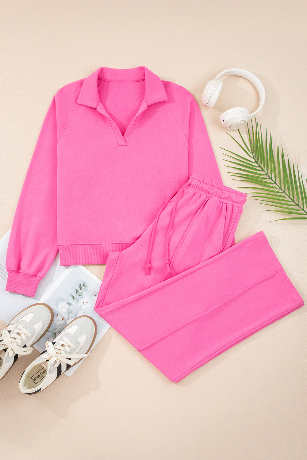 Wisteria Solid Color Collared Pullover and Central Seam Pants Set