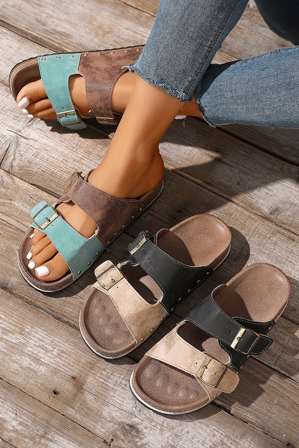 Coffee Two-tone Retro Buckle Straps Hollowed Faux Suede Slippers