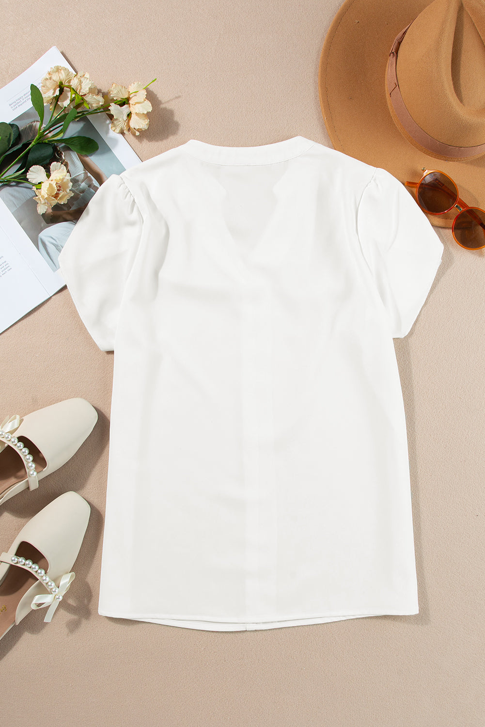 Sail Blue Silky Notched Neckline Petal Sleeve Blouse
