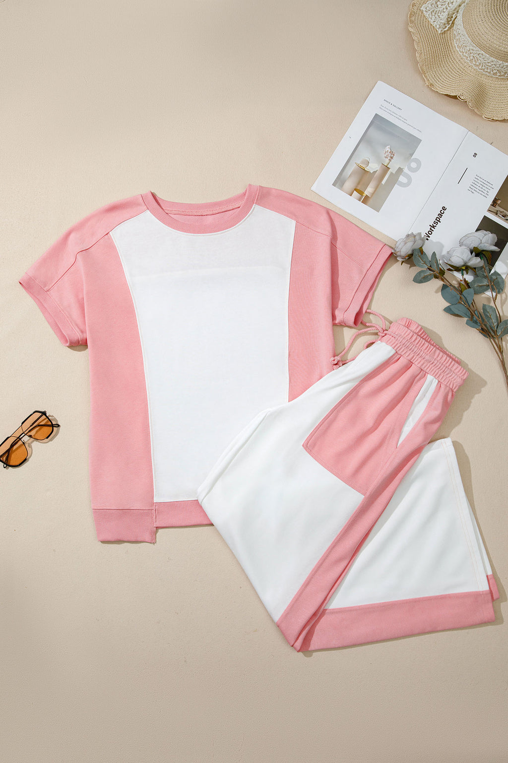 White Two-tone Color Block Patchwork Tee Drawstring Loose Pant Set